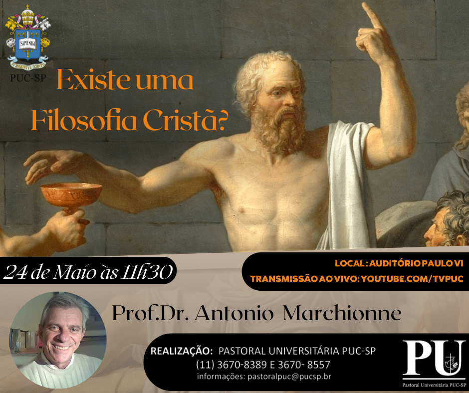 Na parte de cima, obre de arte mostra homem branco de barba e torso nu, com dedo em riste e a outra mão próxima a um cálice ou taça; na parte de baixo, foto do professor, homem branco sorrindo